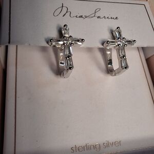 ✝️Mia Sarine 925 Sterling Silver CZ Cubic Zirconia Cross Huggie Dangle Earrings